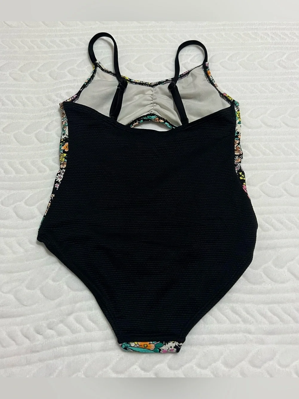 💗 Art Class - Girls Black Floral Cutout Swimsuit with Pink, Yellow, Teal Flowers